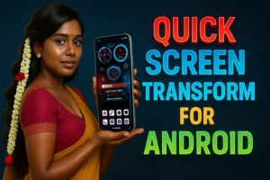 A woman with dark skin and dark hair, styled with a long string of white flowers and a red rose, smiles and holds out a smartphone in her left hand. The phone's screen displays a futuristic-looking interface with circular gauges, a battery indicator, and app icons. To the right of the woman, large, bold text reads "QUICK SCREEN TRANSFORM FOR ANDROID" in red, blue, and green colors. The background is a dark, solid color.