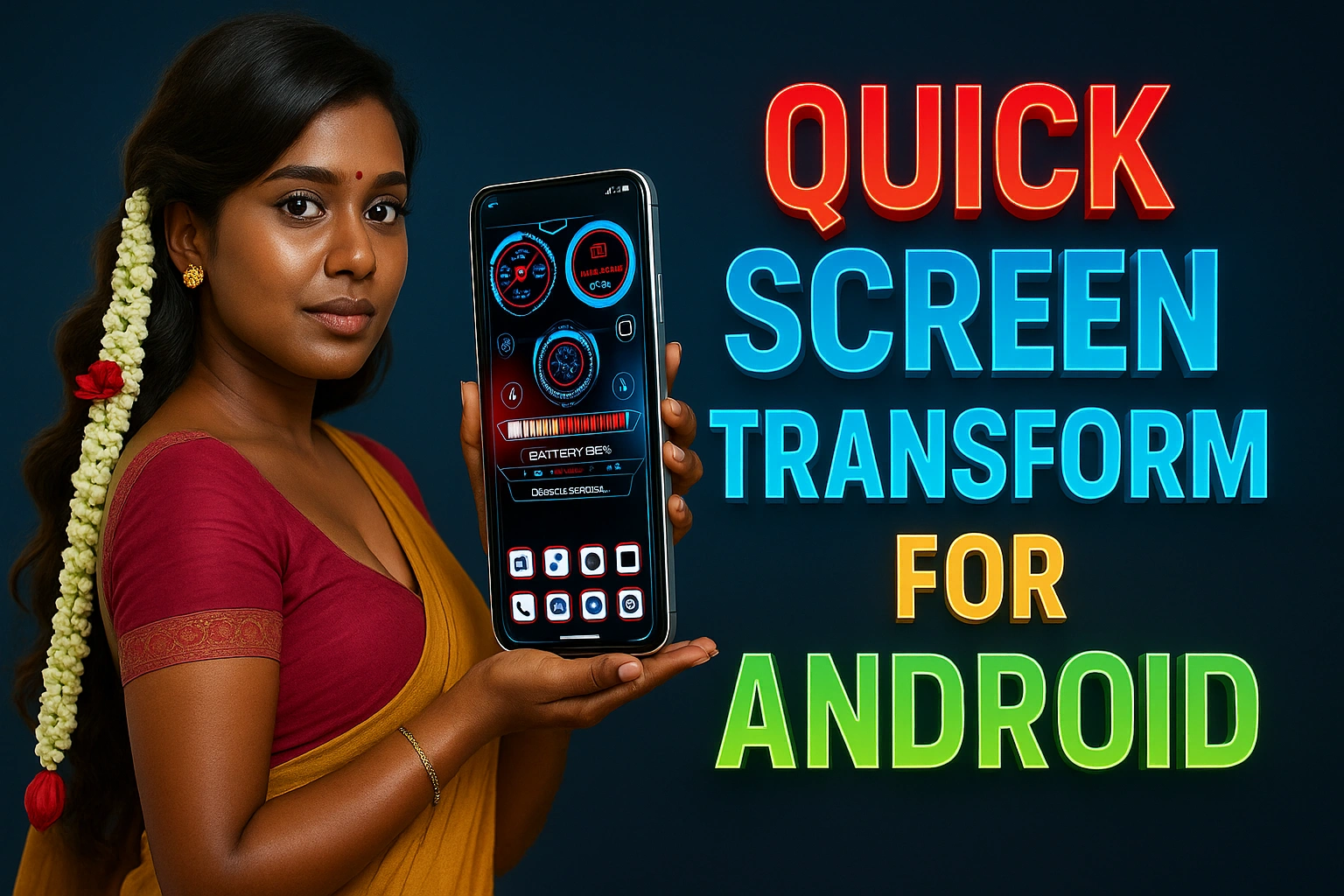 A woman with dark skin and dark hair, styled with a long string of white flowers and a red rose, smiles and holds out a smartphone in her left hand. The phone's screen displays a futuristic-looking interface with circular gauges, a battery indicator, and app icons. To the right of the woman, large, bold text reads "QUICK SCREEN TRANSFORM FOR ANDROID" in red, blue, and green colors. The background is a dark, solid color.