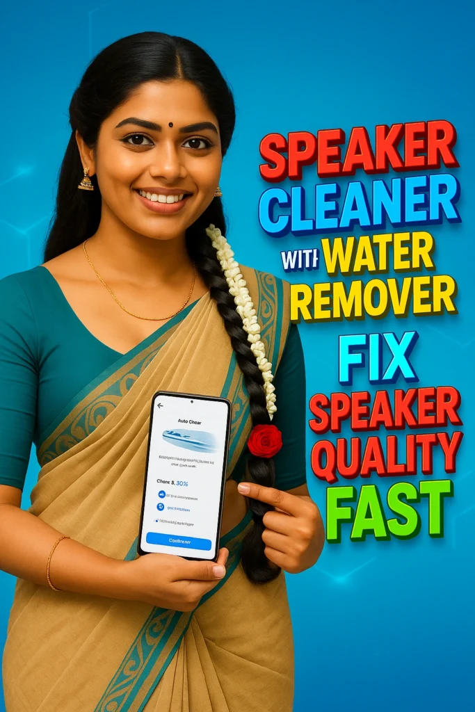 "Smiling South Indian woman in saree holding a smartphone with speaker cleaner app interface, promoting 'Speaker Cleaner with Water Remover' tool for fixing speaker quality fast – vibrant background with bold text for tech app advertisement."