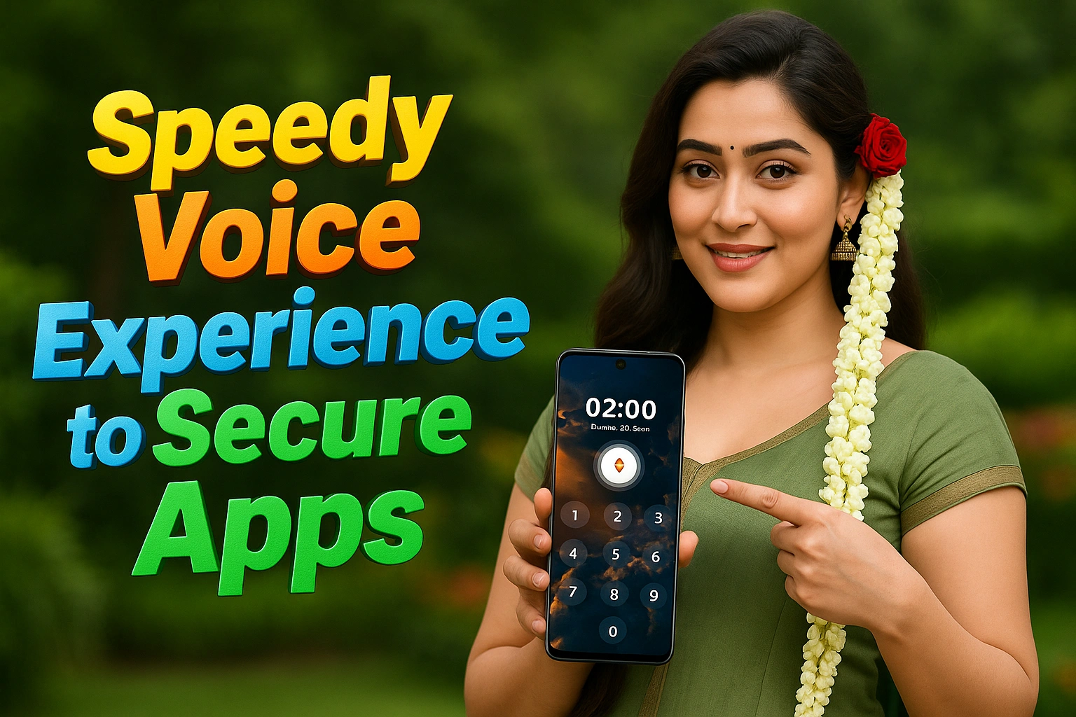 A smiling South Indian woman in a green saree with jasmine and red rose garland in her hair is holding a smartphone and pointing to the screen. The phone displays a voice-based lock screen with the time set at 02:00. Bright and colorful text on the left reads: “Speedy Voice Experience to Secure Apps.” The background is an outdoor garden, making the image ideal for promotions of voice locker apps, app security, or Android tools with traditional cultural appeal.