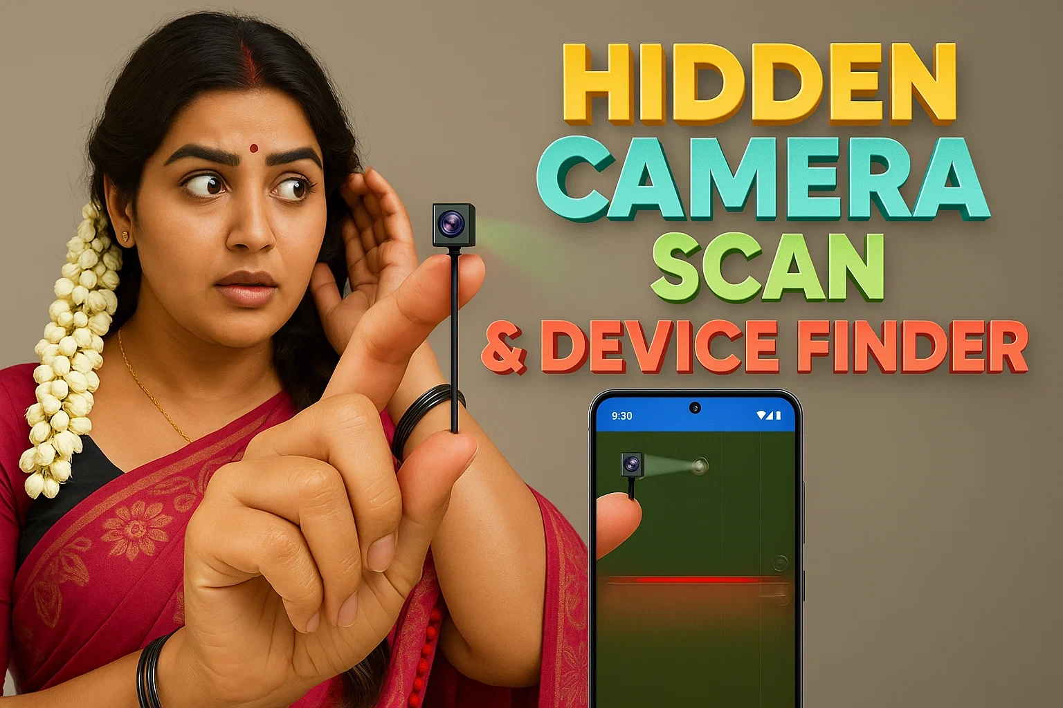 A promotional image for a "Hidden Camera Scan & Device Finder" app. On the left, a woman with dark hair, styled with a string of white flowers and wearing a red sari and black bangles, looks off to the right with a concerned expression. She holds a tiny black camera with a small lens between her thumb and forefinger. To her right, large, colorful text reads "HIDDEN CAMERA SCAN & DEVICE FINDER" with "HIDDEN" in yellow, "CAMERA SCAN" in teal, and "& DEVICE FINDER" in red. Below the text, a smartphone displays an app interface with a green background, a red horizontal line, and an icon of a camera with a light beam.