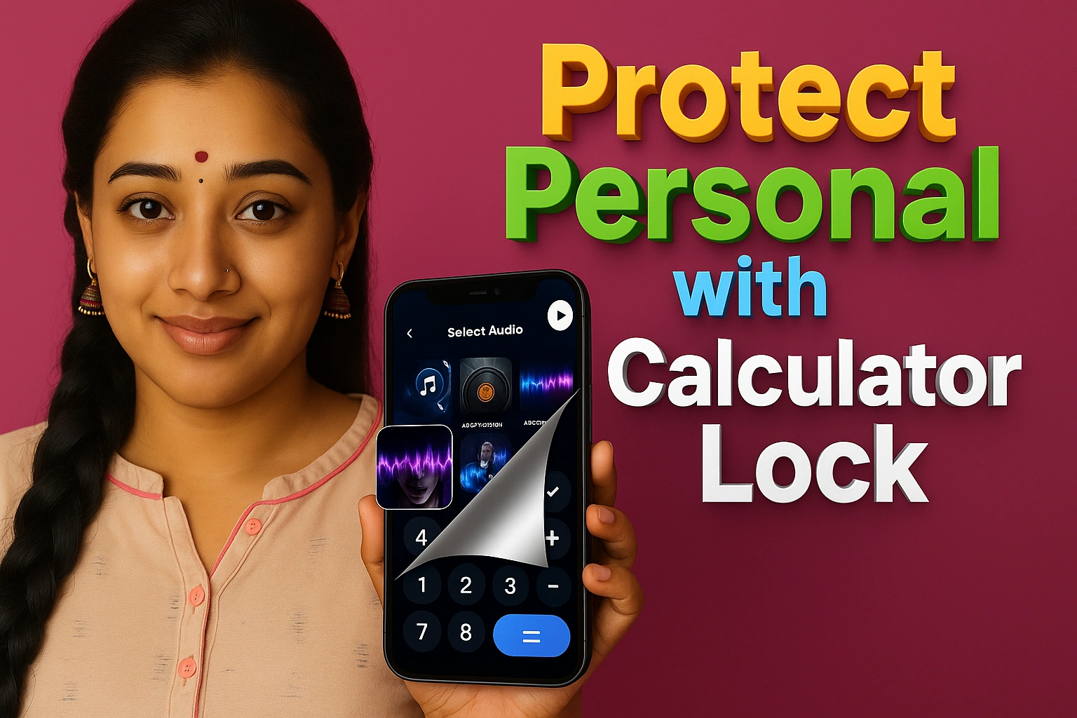 A South Indian woman with a warm smile, wearing a light peach kurti with pink piping and gold jhumka earrings, holds a smartphone prominently in front of her. The phone screen shows a calculator interface that peels back to reveal hidden audio and media icons, symbolizing secret file protection. Bold, colorful 3D text on the right side reads “Protect Personal with Calculator Lock” in yellow, green, blue, and white against a deep pink background. The image conveys privacy, app security, and digital protection, ideal for promoting calculator lock apps on Facebook or tech blogs.