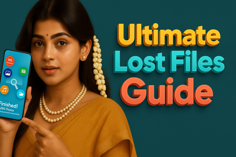 A young woman with dark hair and a bindi, wearing a yellow saree and pearl necklace, holds up a smartphone in her left hand, pointing towards the screen with her right index finger. The phone screen displays app icons and text, with a notification "Finished! 280 Photos" visible at the bottom. To the right of the woman, large, bold 3D text reads "Ultimate Lost Files Guide" with "Ultimate" in orange and yellow, and "Lost Files Guide" in light blue and teal. The background is a solid dark teal color.