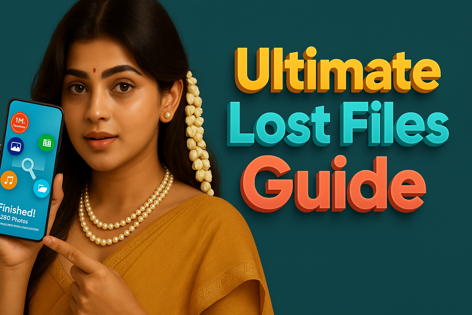 A young woman with dark hair and a bindi, wearing a yellow saree and pearl necklace, holds up a smartphone in her left hand, pointing towards the screen with her right index finger. The phone screen displays app icons and text, with a notification "Finished! 280 Photos" visible at the bottom. To the right of the woman, large, bold 3D text reads "Ultimate Lost Files Guide" with "Ultimate" in orange and yellow, and "Lost Files Guide" in light blue and teal. The background is a solid dark teal color.