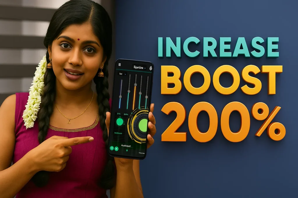 A smiling young woman with dark hair styled in braids adorned with white flowers points to a smartphone displaying a music equalizer app. The phone is held in her left hand, and her right hand points towards it. She is wearing a purple and pink traditional Indian outfit. To her right, large, bold text on a dark blue background reads "INCREASE BOOST 200%". The overall impression is an advertisement for a sound boosting application or feature.
