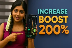 A smiling young woman with dark hair styled in braids adorned with white flowers points to a smartphone displaying a music equalizer app. The phone is held in her left hand, and her right hand points towards it. She is wearing a purple and pink traditional Indian outfit. To her right, large, bold text on a dark blue background reads "INCREASE BOOST 200%". The overall impression is an advertisement for a sound boosting application or feature.