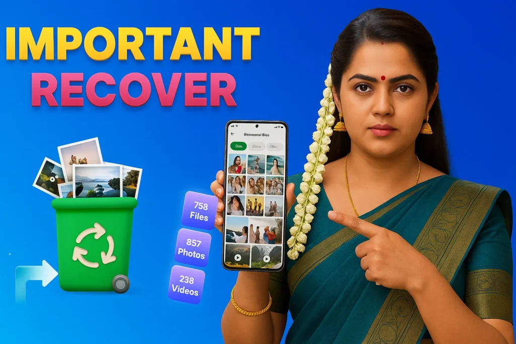 A woman in a traditional dark teal saree with gold trim and jasmine flowers in her hair is pointing to a smartphone. The phone's screen displays a gallery of recovered photos, with text bubbles next to it indicating "758 Files," "857 Photos," and "238 Videos." To the left, a green recycling bin is overflowing with printed photos, with a large white arrow pointing from the bin towards the smartphone, illustrating the concept of file recovery. Above, in large yellow and pink letters, are the words "IMPORTANT RECOVER."