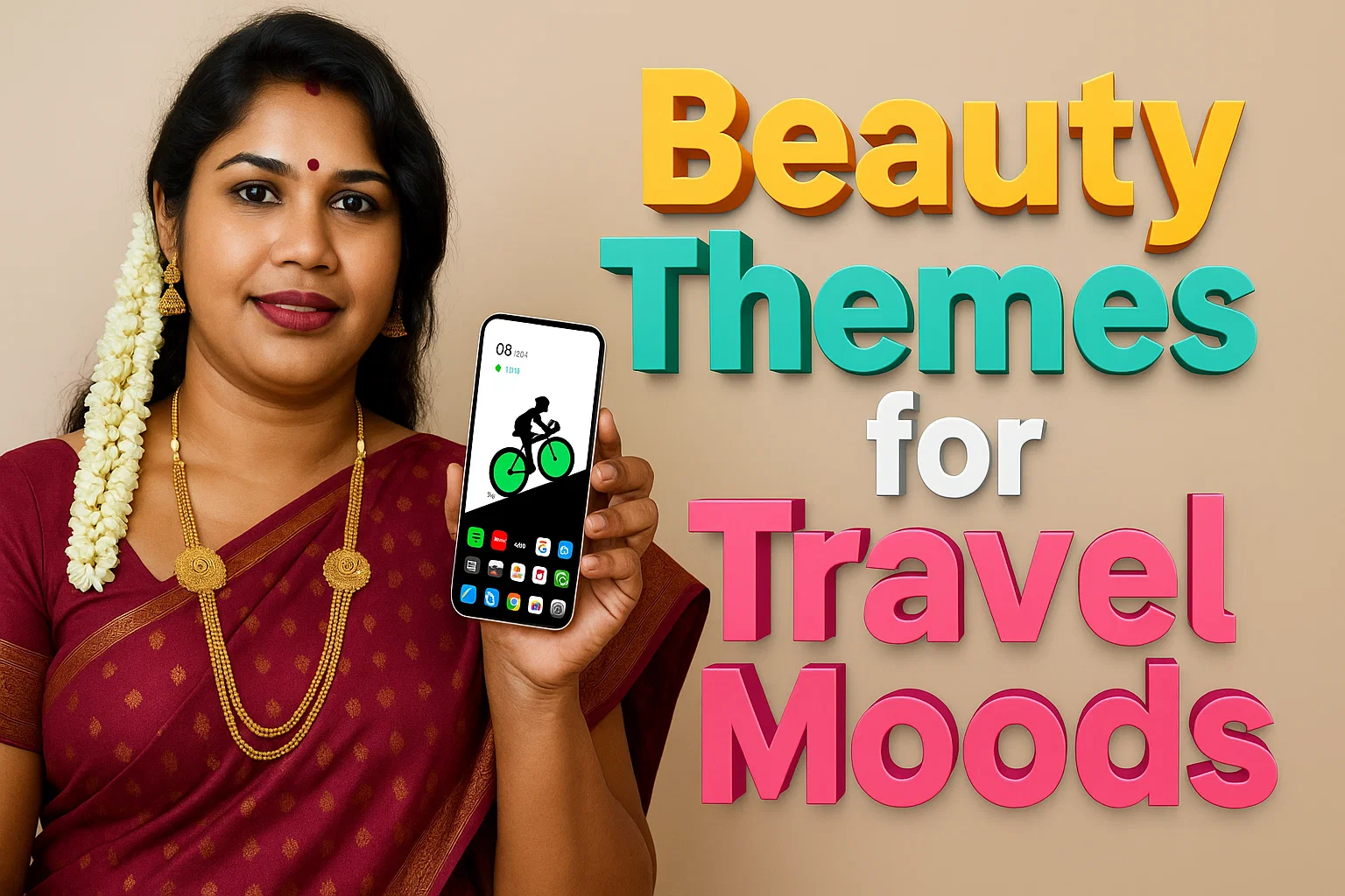 A smiling woman in a dark red sari with gold jewelry and a jasmine garland in her hair holds up a smartphone displaying a green and black wallpaper with a cyclist. The phone shows app icons at the bottom. To the right of the woman, large, colorful 3D text reads "Beauty Themes for Travel Moods." "Beauty" is yellow, "Themes" is teal, "for" is white, and "Travel Moods" is pink. The background is a plain beige color.