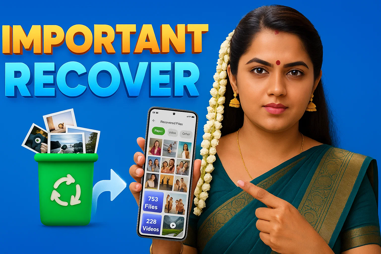 A woman in a traditional South Indian saree, adorned with jasmine flowers in her hair, points to a smartphone displaying "Recovered Files." To her left, a green recycle bin overflows with photos, with an arrow pointing from the bin to the phone, symbolizing data recovery. The words "IMPORTANT RECOVER" are prominently displayed in large, bold letters at the top left of the image.