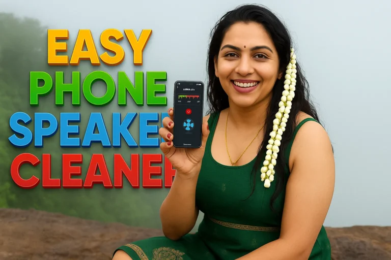 A smiling woman with dark hair adorned with white flowers holds up a smartphone displaying an app interface. She is wearing a green garment and a gold chain, and is seated outdoors against a blurred background of greenery and mist. To her left, large, colorful text reads "EASY PHONE SPEAKER CLEANER".