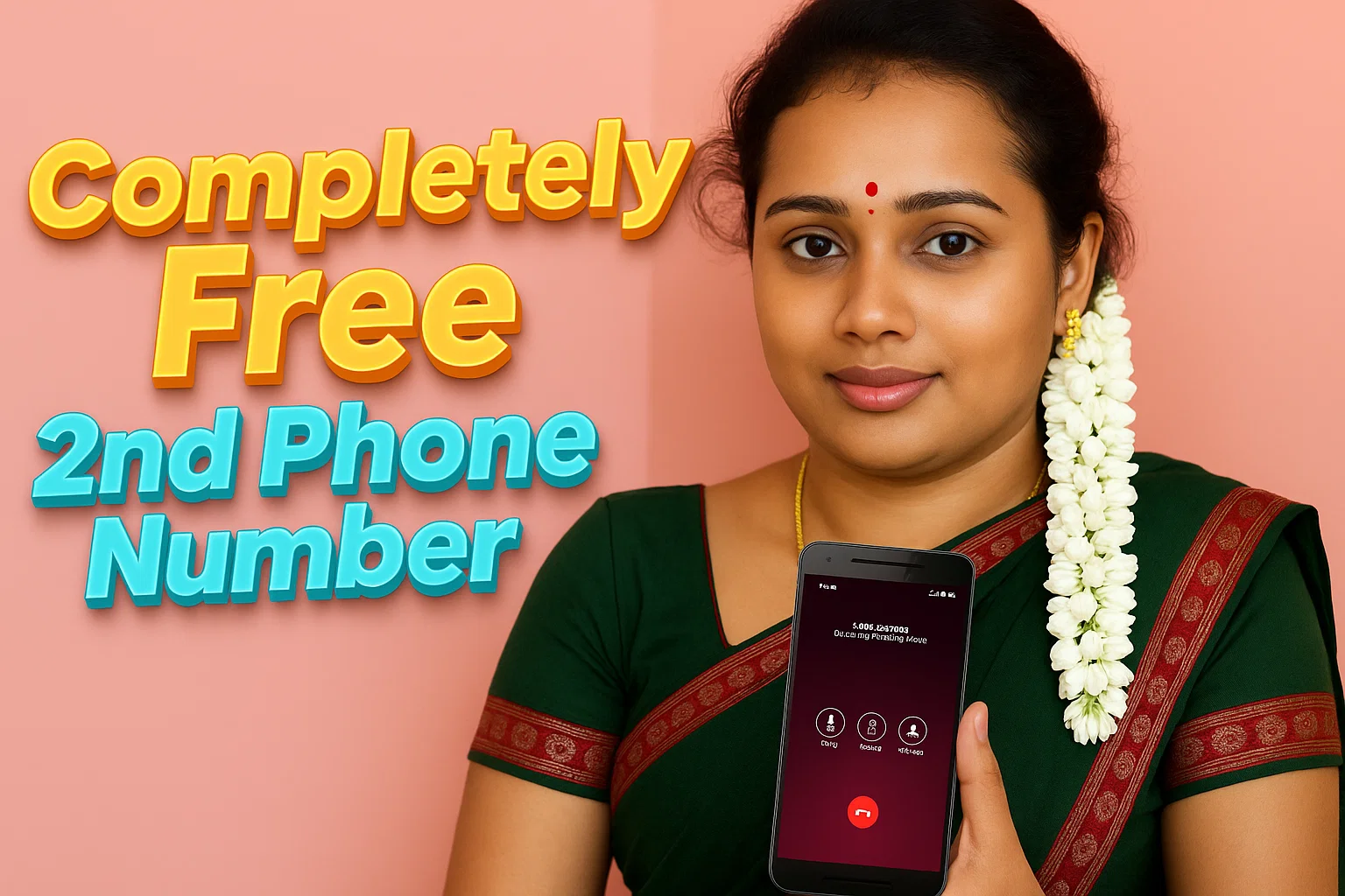 A light-skinned woman in a dark green and maroon sari with white flowers in her hair smiles at the viewer while holding a smartphone displaying an incoming call. To the left, large yellow and light blue text reads "Completely Free 2nd Phone Number."