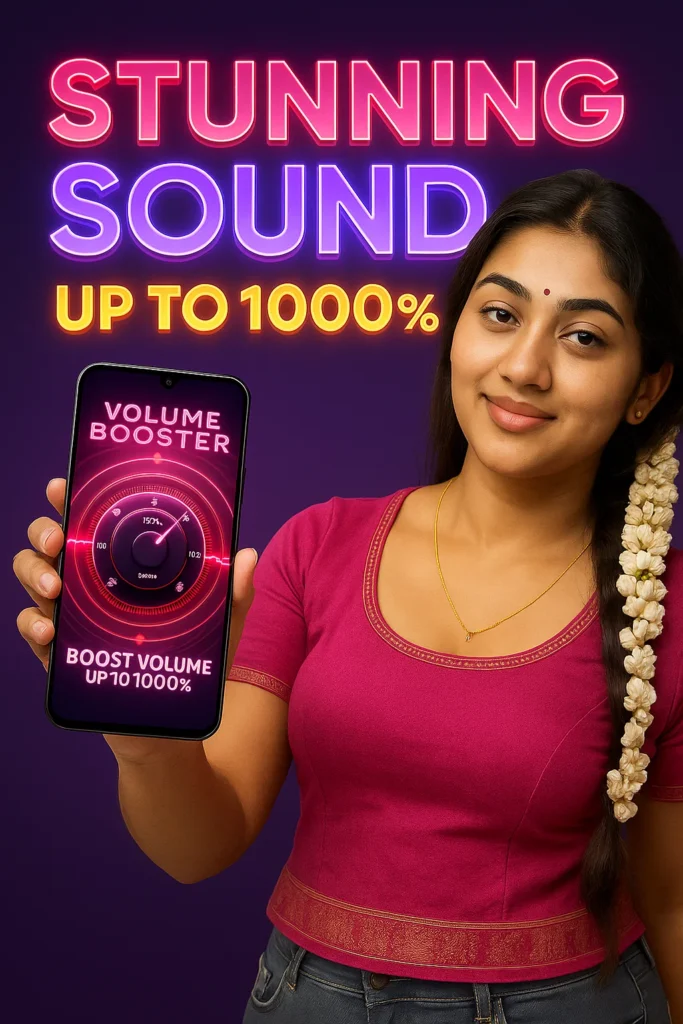 A young woman in a pink top holds up a smartphone displaying a "Volume Booster" app with a dial showing "150%" and "BOOST VOLUME UP 10 1000%." Above her, large text reads "STUNNING SOUND UP TO 1000%." The background is a dark purple gradient.