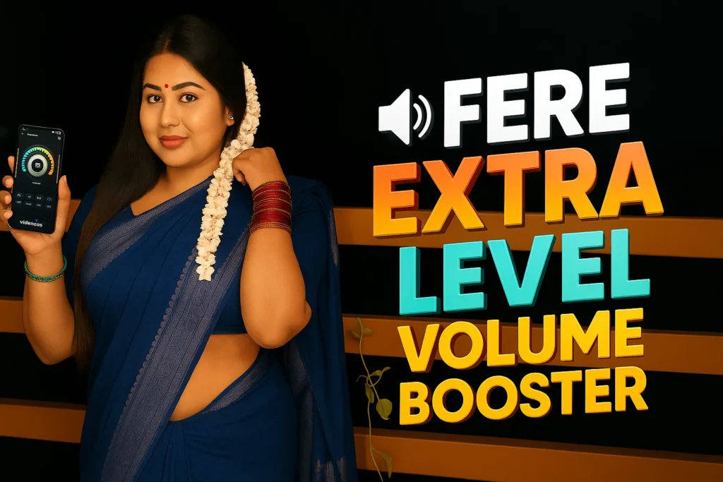 A smiling woman in a blue saree and jasmine flowers in her hair holds up a smartphone displaying a speaker icon. To her right, large, colorful text reads "FERE EXTRA LEVEL VOLUME BOOSTER." The background is dark with some horizontal wooden planks visible.