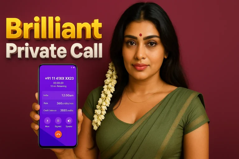 A woman with dark hair tied back with a jasmine garland on the right side and a red bindi on her forehead, wearing a green saree, holds a smartphone. The phone displays a purple screen with "Brilliant Private Call" at the top. The screen shows a call in progress with a blurred number starting "+91 11 41XX XX23," a timer of "00:00:20," and "10 mi-Receiving." Below that, it shows "India 12:50 am," a "Rate" of "360 credits/min," and a "Credit balance" of "3885 credits." At the bottom of the phone screen are icons for "More," "Dialpad," and "Speaker," along with a red phone-hang-up icon. The background is a solid reddish-purple.