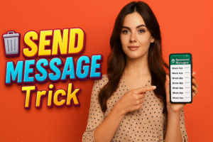 A smiling young woman with long, dark hair, wearing a polka-dotted blouse, stands against a vibrant orange background. She holds a smartphone in her left hand, presenting it to the viewer, and points to its screen with her right index finger. The phone's screen displays a list of "Recovered Messages" with "WhatsApp" repeated multiple times. To her left, large, stylized yellow and blue text reads "SEND MESSAGE Trick," with a trash can icon next to "SEND."