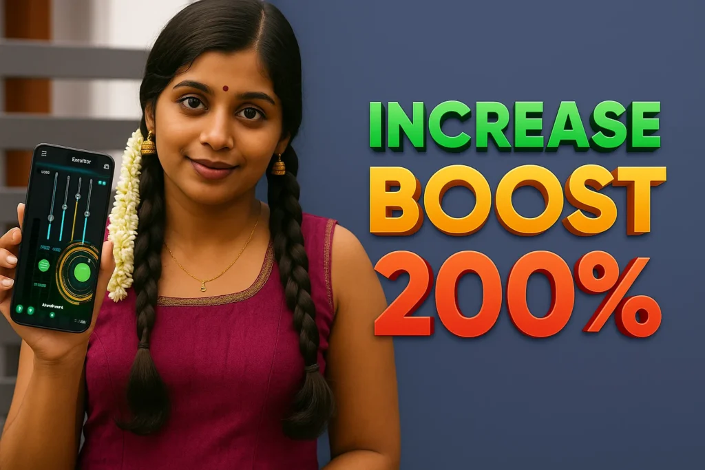 A smiling young woman with dark braided hair adorned with white flowers on the left side holds up a smartphone in her left hand, showcasing a music equalizer app. The app's interface is visible on the phone screen. She is wearing a maroon-colored traditional Indian garment. To her right, prominent 3D-rendered text reads "INCREASE" in green, followed by "BOOST" in orange, and "200%" in red, all against a dark blue background. The overall impression is an advertisement for a Booster Volume Booster application.