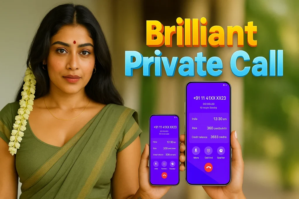 A woman with dark hair, adorned with a jasmine garland on the right side and a red bindi on her forehead, is dressed in a green saree. She is looking directly at the viewer. In front of her, two purple smartphones are displayed. The larger phone on the right shows a call in progress with "Brilliant Private Call" at the top, a blurred number "+91 11 41XX XX23", a timer "00:00:23", and "10 mi-Sending." Below this, it lists "India 12:30 am," a "Rate" of "360 credits/min," and a "Credit balance" of "3693 credits." At the bottom of the larger phone are icons for "More," "Dialpad," and "Speaker," along with a red phone-hang-up icon. The smaller phone on the left shows similar call information but with different details: "00:00:05", "10 mi-Receiving", "India 12:30 am", "Rate 360 credits/min", and "Credit balance 308 credits". The background is a gradient from dark orange to dark blue.
