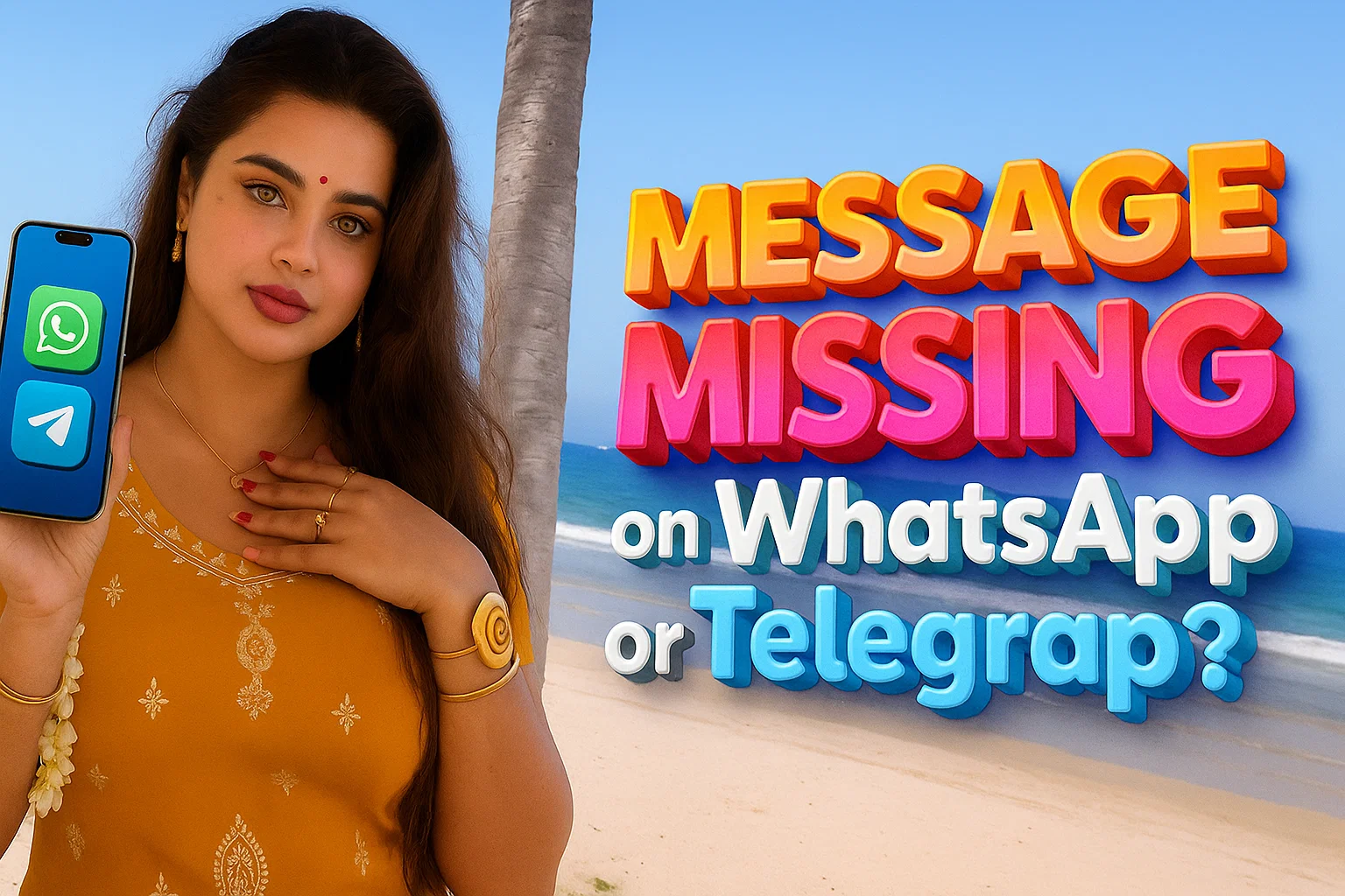 A woman with long, dark hair, wearing a mustard yellow top with embroidered details and a string of white flowers in her hair, holds a dark blue smartphone in her left hand. The phone's screen prominently displays the WhatsApp and Telegram app logos. Her right hand, adorned with rings and a gold cuff bracelet, is placed gently near her chest. She looks directly at the viewer with light eyes and pinkish-red lips. To her right, large, stylized 3D text reads "MESSAGE MISSING" in orange and pink, with "on WhatsApp or Telegrap?" in white and blue below it. The background features a sunny beach scene with sand and a clear blue sky.