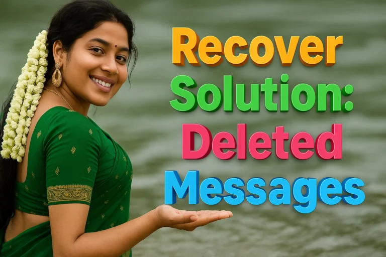 A smiling woman, positioned from her waist up, wearing a dark green saree with thin gold patterns. Her dark hair is styled to one side, adorned with a long string of white flowers. She is looking back and smiling at the viewer, with her left hand open as if presenting something. On the right side of the image, there is prominent text that reads "RECOVER SOLUTION: DELETED MESSAGES" in bold, 3D-like green, orange, and red lettering. The background is a blurred body of water.