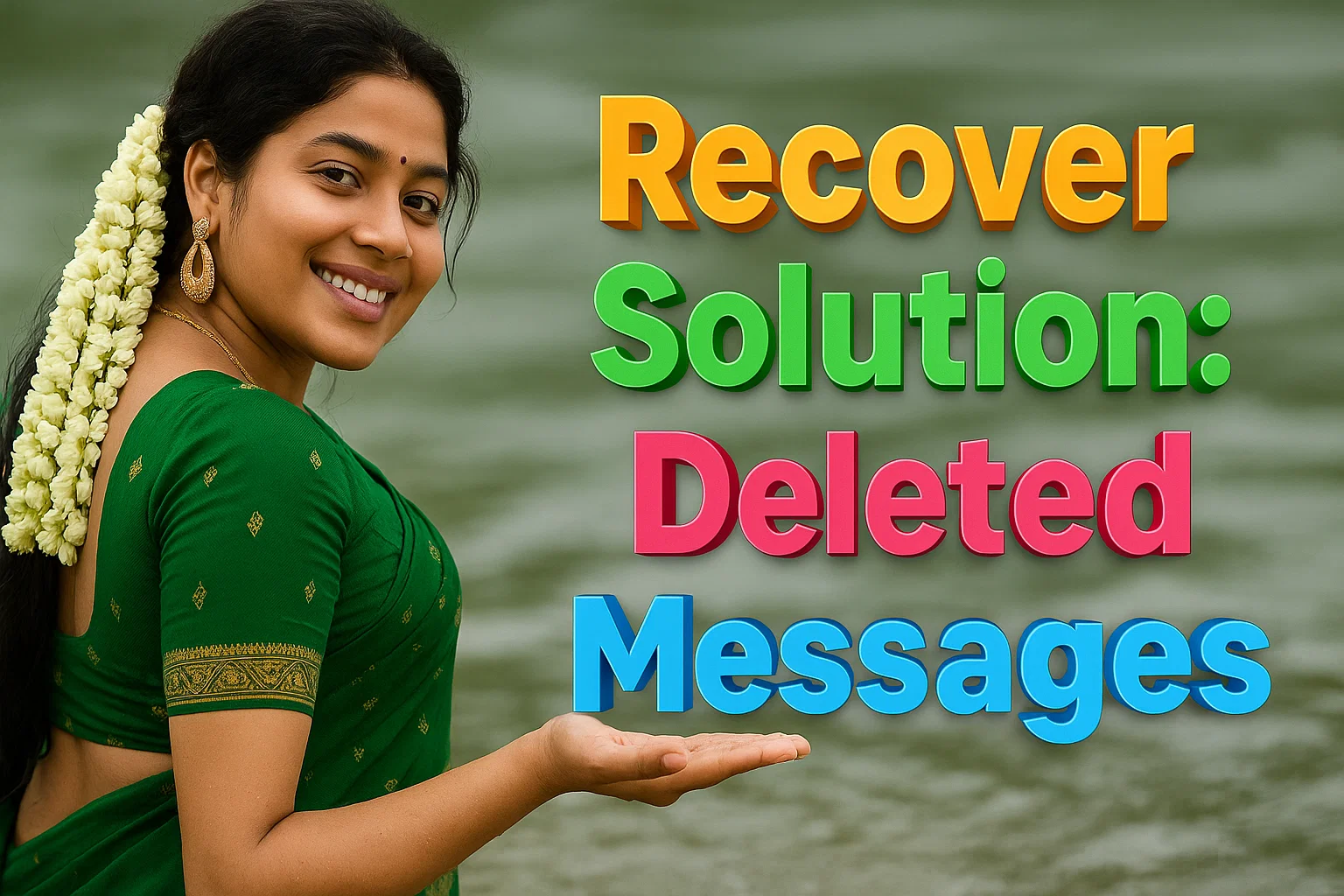 A smiling woman, positioned from her waist up, wearing a dark green saree with thin gold patterns. Her dark hair is styled to one side, adorned with a long string of white flowers. She is looking back and smiling at the viewer, with her left hand open as if presenting something. On the right side of the image, there is prominent text that reads "RECOVER SOLUTION: DELETED MESSAGES" in bold, 3D-like green, orange, and red lettering. The background is a blurred body of water.
