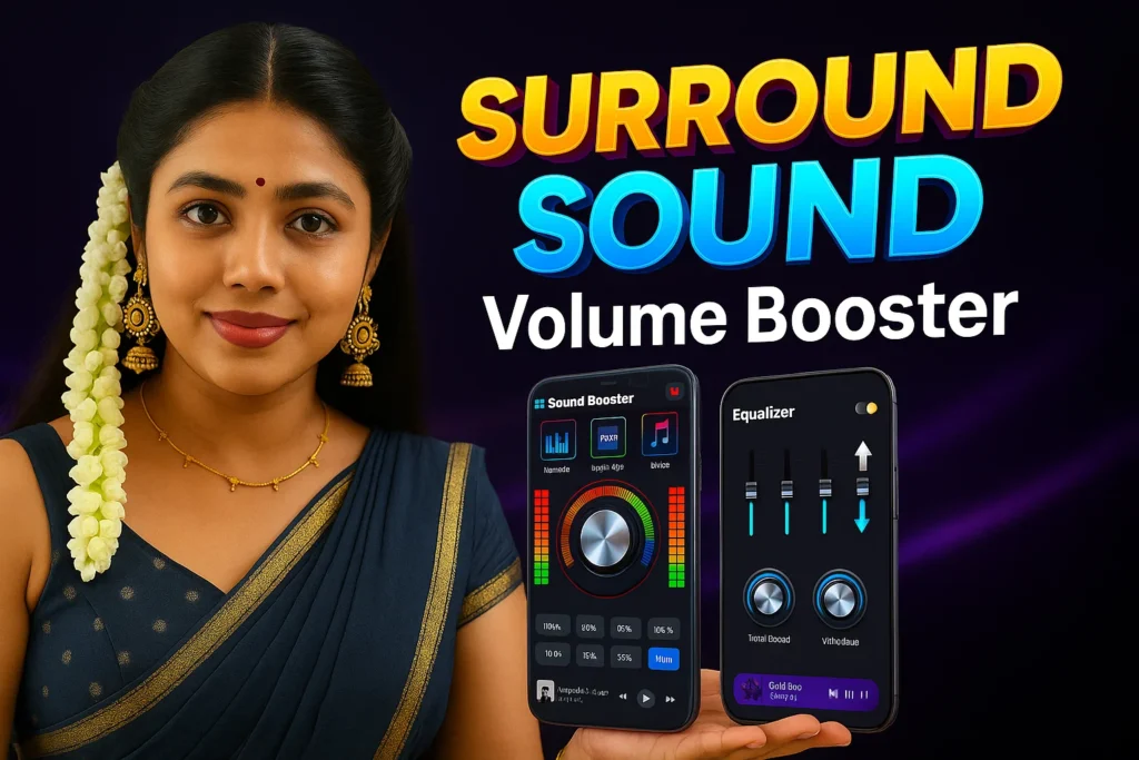 An advertisement-style image with "SURROUND SOUND Volume Booster" in large, golden text at the top, over a dark blue background with subtle light effects. A South Asian woman is on the left, smiling and looking towards the camera. She has dark hair styled with a long string of white jasmine flowers (gajra) draped over her left shoulder. She is wearing a dark blue saree with a gold border and a matching blouse, along with gold jhumka earrings and a thin gold necklace. Her right hand is extended, palm up, seemingly presenting a floating black smartphone. The phone displays two app interfaces: the left shows "Sound Booster" with various sliders and controls for bass, treble, and other audio settings, and the right shows "Equalizer" with vertical sliders. Both app interfaces feature colorful sound wave visualizations, with red and green elements.