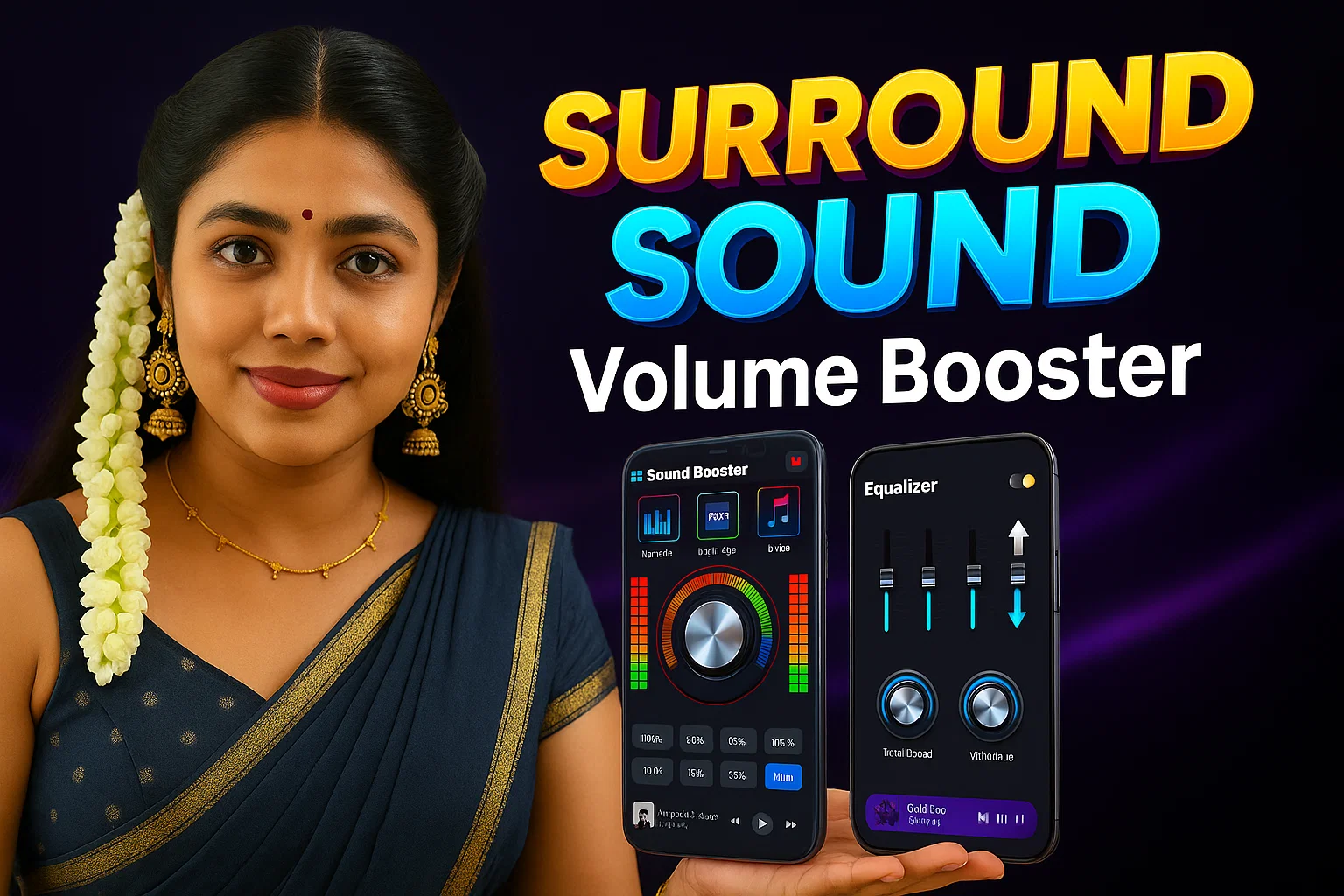 An advertisement-style image with "SURROUND SOUND Volume Booster" in large, golden text at the top, over a dark blue background with subtle light effects. A South Asian woman is on the left, smiling and looking towards the camera. She has dark hair styled with a long string of white jasmine flowers (gajra) draped over her left shoulder. She is wearing a dark blue saree with a gold border and a matching blouse, along with gold jhumka earrings and a thin gold necklace. Her right hand is extended, palm up, seemingly presenting a floating black smartphone. The phone displays two app interfaces: the left shows "Sound Booster" with various sliders and controls for bass, treble, and other audio settings, and the right shows "Equalizer" with vertical sliders. Both app interfaces feature colorful sound wave visualizations, with red and green elements.