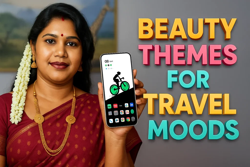 A smiling woman in a dark red sari with gold jewelry and a white jasmine garland in her hair holds up a white smartphone. The phone's screen displays a black and white graphic of a person on a bicycle with green wheels, above a row of app icons. To the right of the woman, large, 3D text in yellow, pink, white, and teal reads "BEAUTY THEMES FOR TRAVEL MOODS". The background is a solid grey.