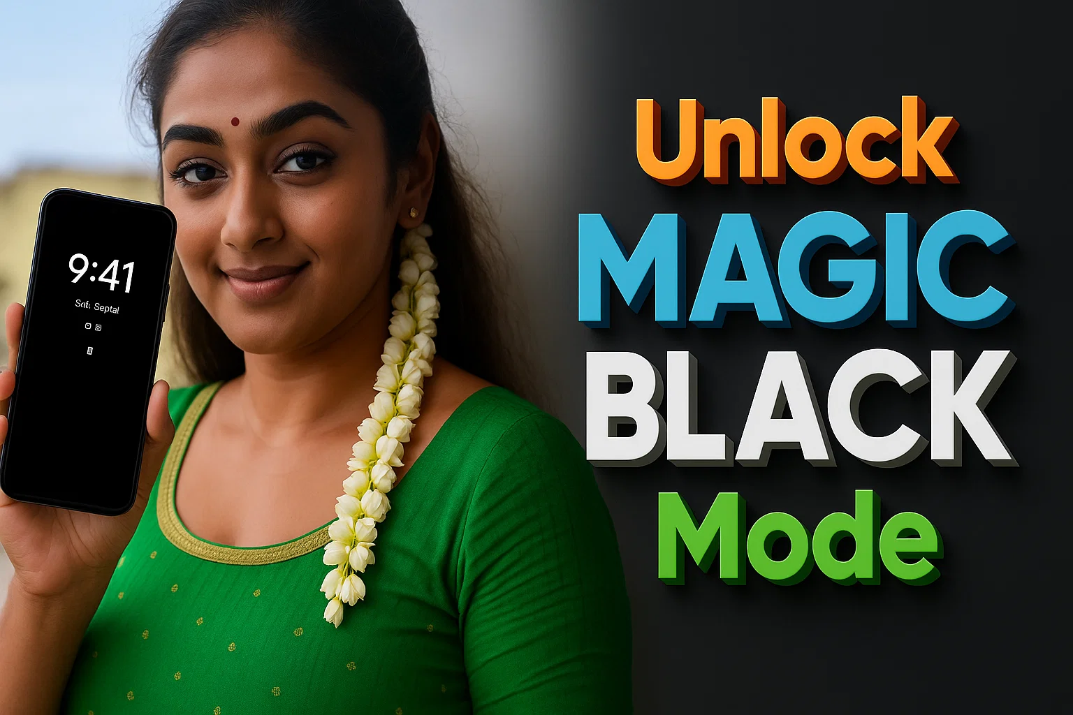 A woman with long dark hair adorned with a garland of white flowers on her right side smiles at the viewer while holding up a black smartphone displaying "9:41 Sat, Sept 2" on its screen. She is wearing a green top with gold trim. The background is blurred, and on the right side of the image, the words "Unlock MAGIC BLACK Mode" are displayed vertically in large, colorful letters. "Unlock" is orange, "MAGIC" is light blue, "BLACK" is white, and "Mode" is green. The overall impression is bright and engaging.