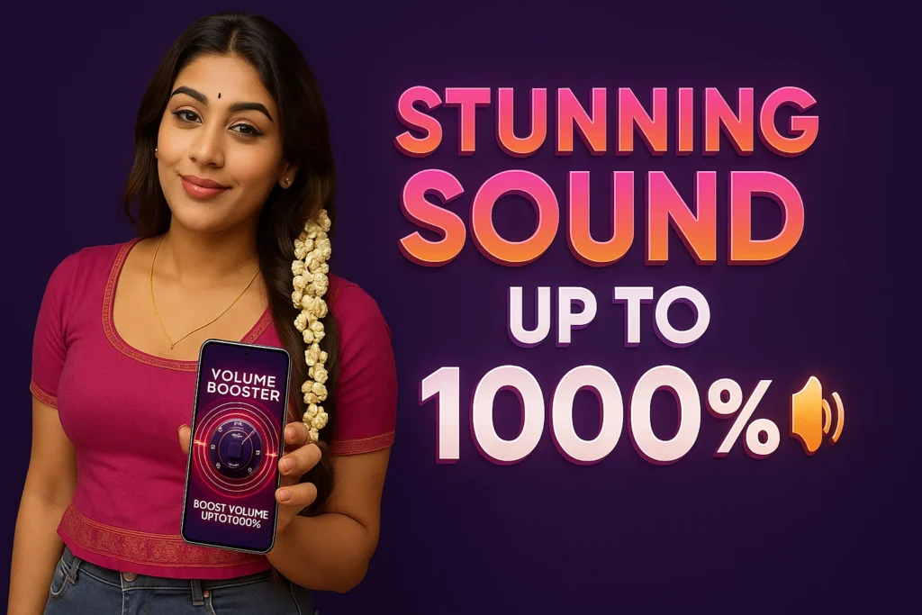 A smiling young woman in a traditional top and jeans holds up a smartphone displaying a "Volume Booster" app with a "BOOST VOLUME UPTO1000%" button. To her right, large, bold text reads "STUNNING SOUND UP TO 1000%," with an audio wave icon next to "1000%." The background is a gradient of dark purple to black.