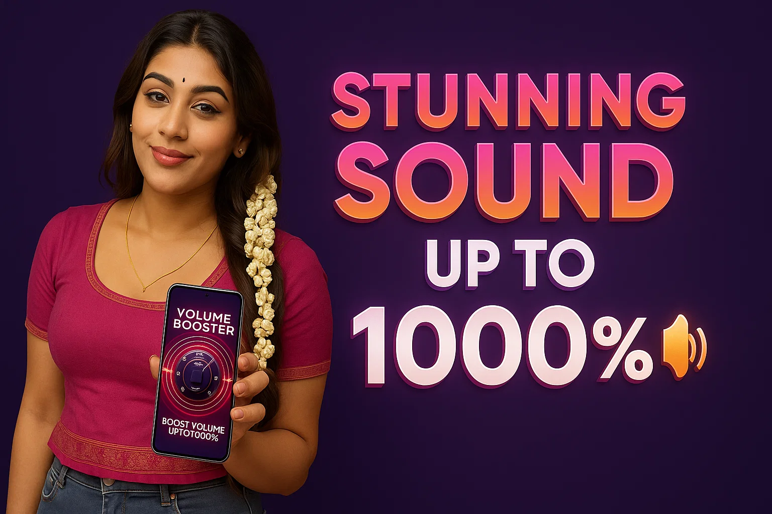 A smiling young woman in a traditional top and jeans holds up a smartphone displaying a "Volume Booster" app with a "BOOST VOLUME UPTO1000%" button. To her right, large, bold text reads "STUNNING SOUND UP TO 1000%," with an audio wave icon next to "1000%." The background is a gradient of dark purple to black.