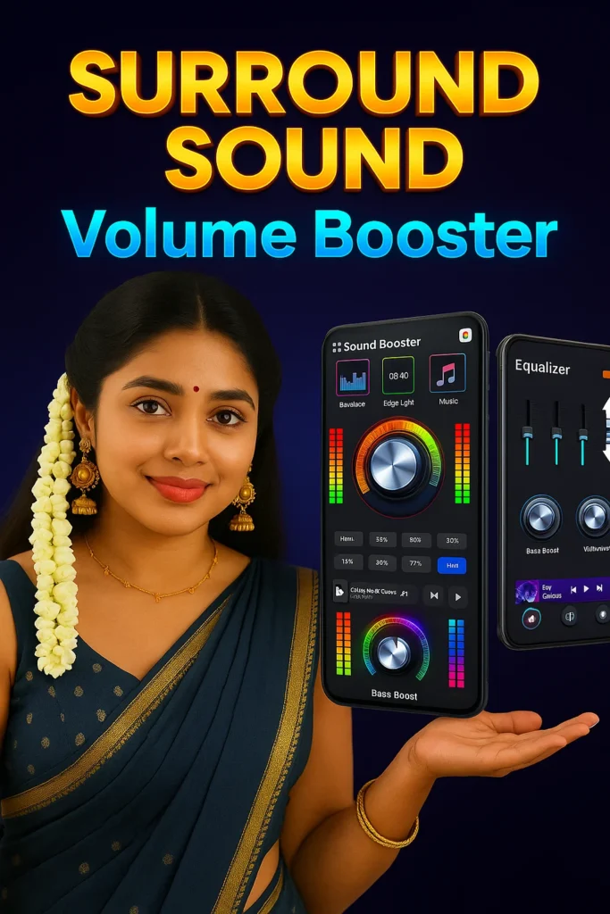 An advertisement-style image with "SURROUND SOUND Volume Booster" in large, golden text at the top, over a dark blue background with subtle light effects. A South Asian woman is on the left, smiling and looking towards the camera. She has dark hair styled with a long string of white jasmine flowers (gajra) draped over her left shoulder. She is wearing a dark blue saree with a gold border and a matching blouse, along with gold jhumka earrings and a thin gold necklace. Her right hand is extended, palm up, seemingly presenting a floating black smartphone. The phone displays two app interfaces: the left shows "Sound Booster" with various sliders and controls for bass, treble, and other audio settings, and the right shows "Equalizer" with vertical sliders. Both app interfaces feature colorful sound wave visualizations.