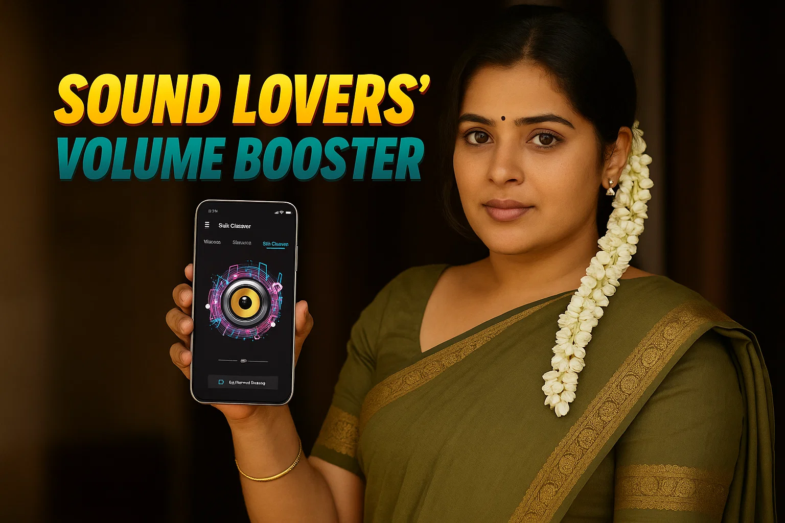 A woman with dark hair tied back with white jasmine flowers in a long strand, wearing an olive-green saree and a gold bracelet, holds up a smartphone displaying a "Sound Lovers' Volume Booster" app interface. The app's main screen shows a stylized speaker icon with sound waves emanating from it, and options like "Wireless," "Bluetooth," and "USB Connect" are visible. The woman is looking directly at the viewer with a neutral expression, and the background is blurred and dark. The text "SOUND LOVERS' VOLUME BOOSTER" is prominently displayed in large yellow and teal letters in the upper left corner of the image.