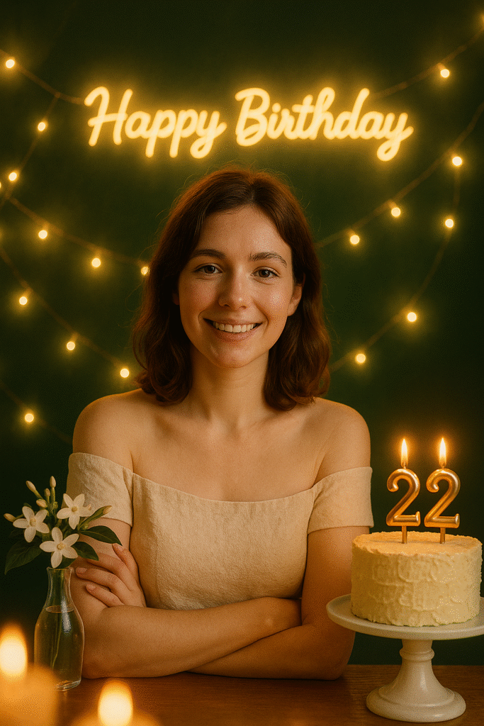 Birthday portrait with fairy-light bokeh and warm golden tone.