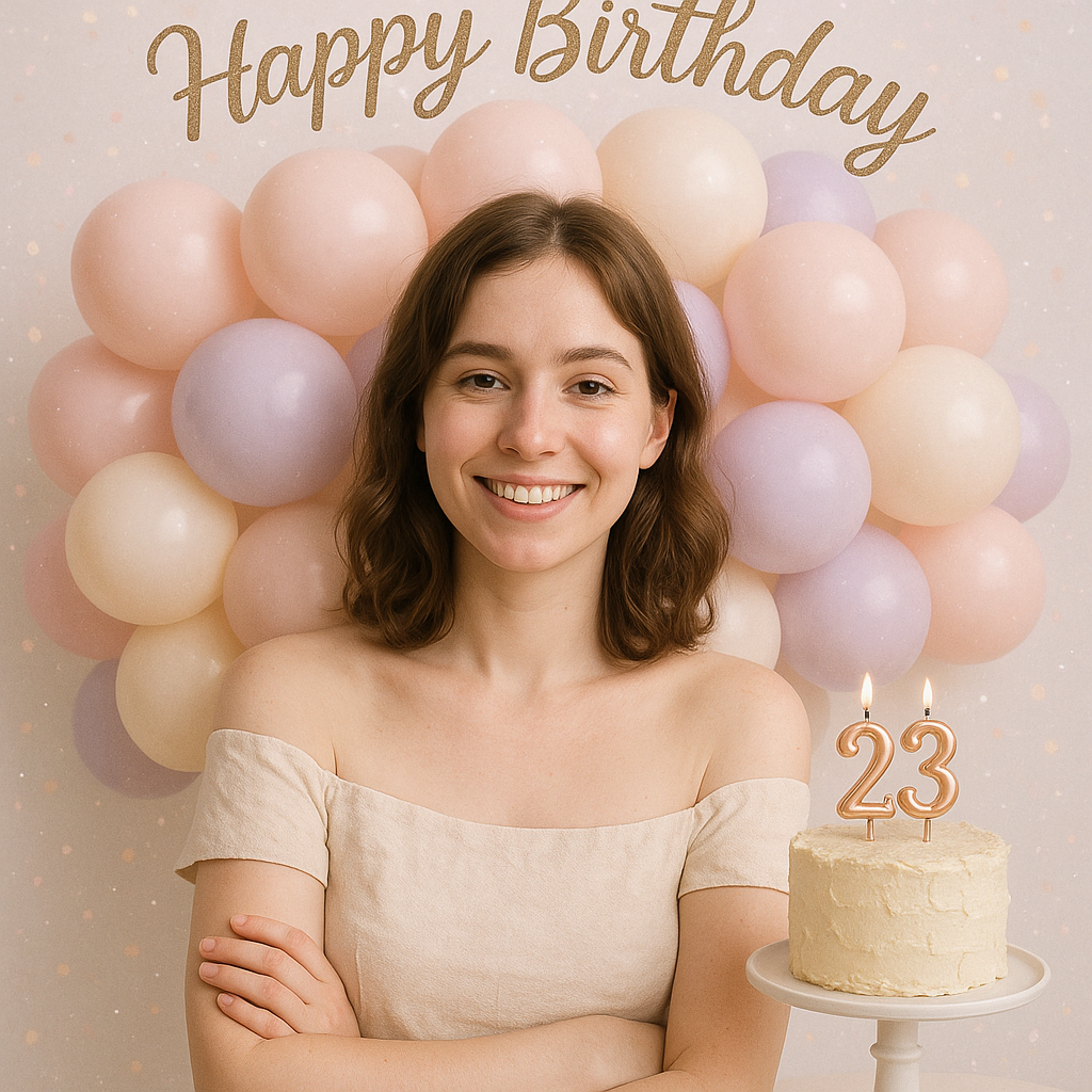 Pastel balloon cloud birthday portrait with soft bokeh lighting.