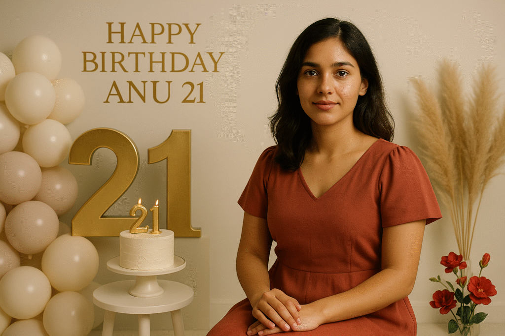 Anu celebrating her 21st birthday in a minimalist studio setup with beige backdrop, matte balloons, gold ‘21’ props, and a modern cake, smiling softly under even lighting that highlights natural skin texture, outfit folds, and warm, confident expressi