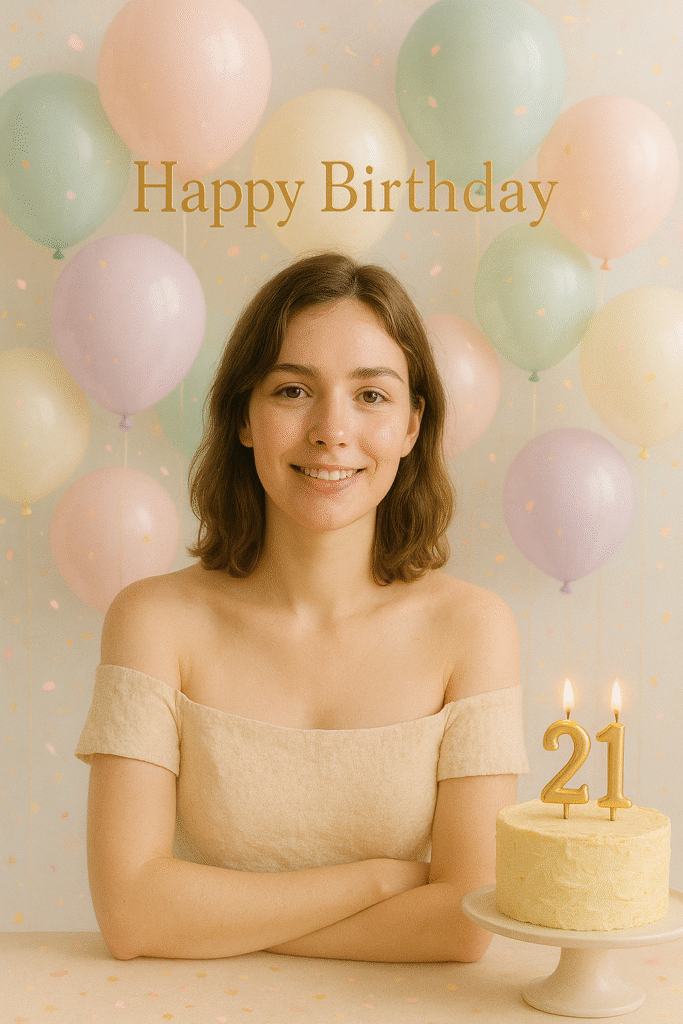 A young woman celebrating her 21st birthday, surrounded by pastel green, lilac, and blush pink balloons with soft confetti, a small buttercream cake, and golden ‘Happy Birthday’ lettering in an airy, sunlit atmosphere.