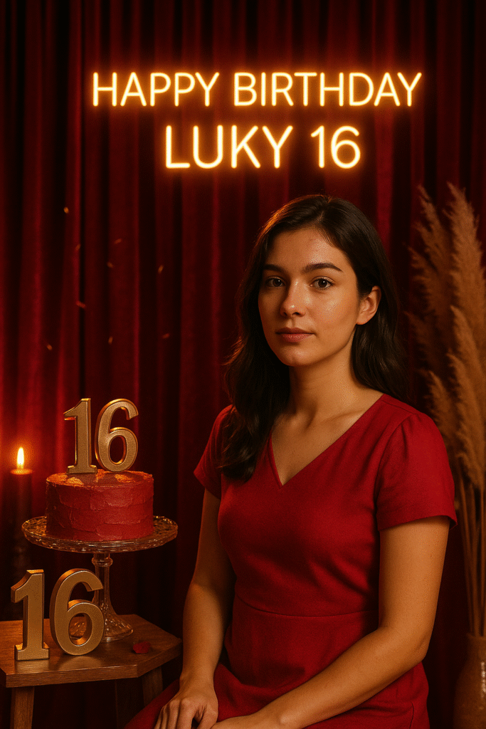 Luky celebrating her 16th birthday on a luxurious red stage with velvet curtains, glowing ‘Happy Birthday Luky 16’ banner, metallic gold number props, and a crystal cake stand with a red cake, lit by warm dramatic lighting for an elegant red-carpet look.