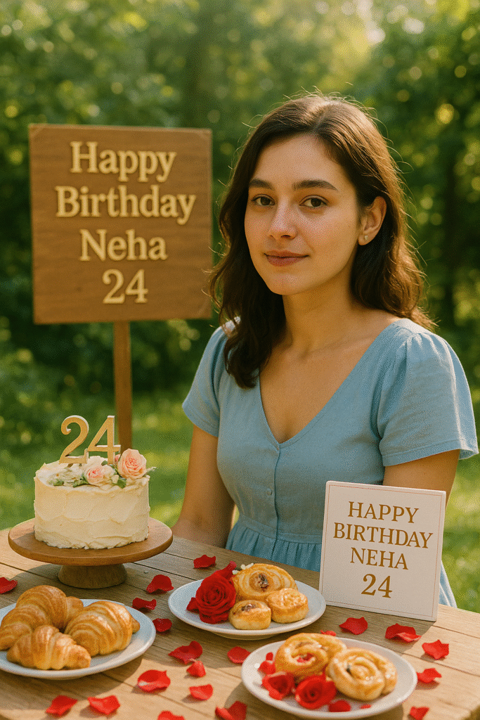 Neha celebrating her 24th birthday outdoors at a rustic brunch table decorated with pastries, a floral cake topped with number 24, and red rose petals, surrounded by sunlight, greenery, and a wooden ‘Happy Birthday Neha 24’ sign under soft natural lighting.