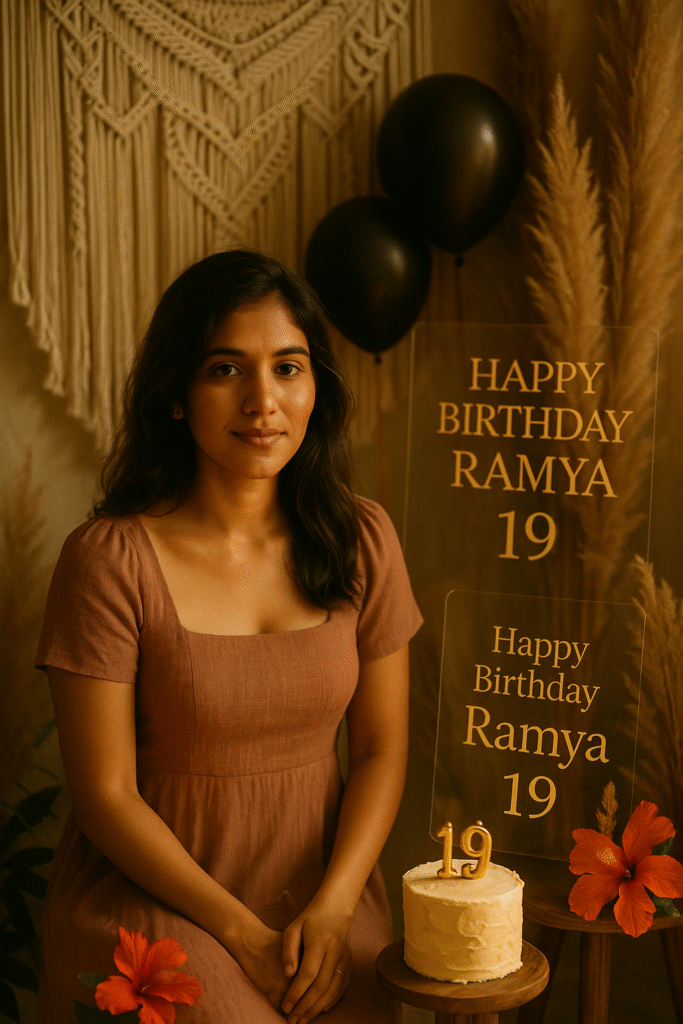 Ramya celebrating her 19th birthday in a warm bohemian setup with macramé wall décor, black balloons, pampas grass, and red sembaruthi flowers, seated beside a rustic cake with number 19 and an acrylic ‘Happy Birthday Ramya 19’ board under golden evening light.