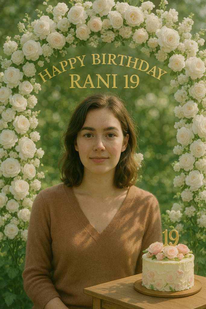 Rani celebrating her 19th birthday in a serene garden, framed by a white floral arch of roses, peonies, and baby’s breath, with sunlight filtering through petals, a gold ‘Happy Birthday Rani 19’ sign above, and a floral cake with number 19 on a wooden table beside her.