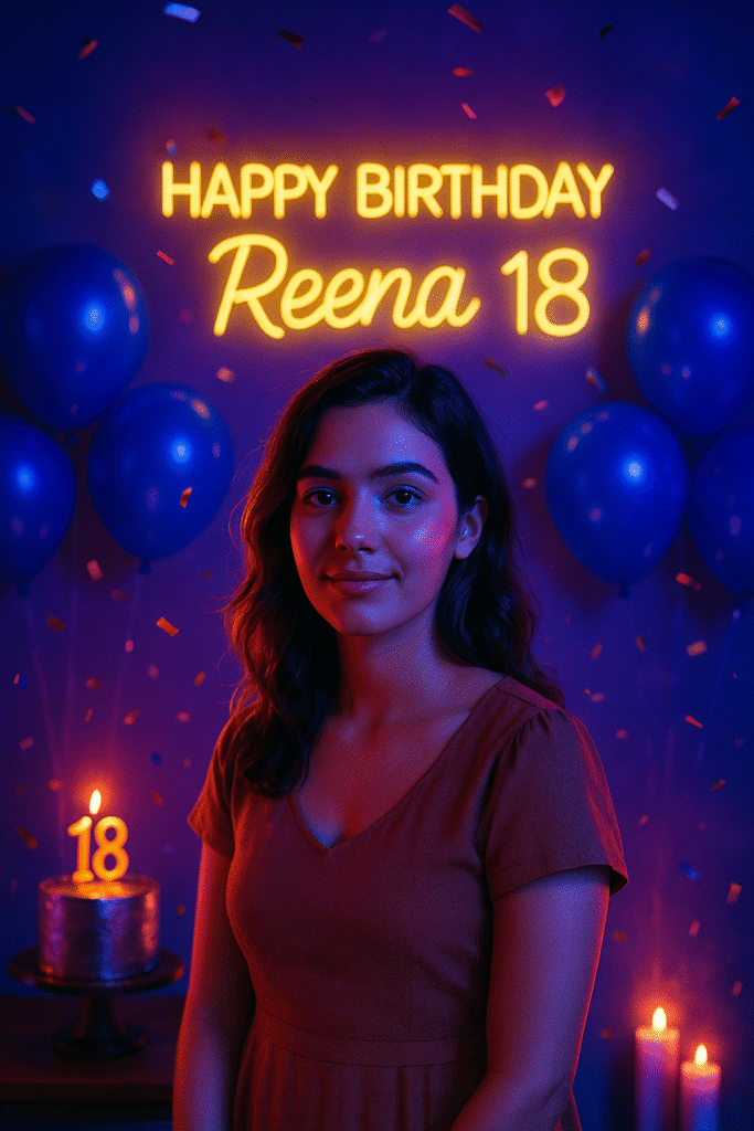 Reena celebrating her 18th birthday in a vivid neon-lit studio with glowing yellow ‘Happy Birthday Reena 18’ sign, dark blue balloons, metallic confetti, and a shiny cake, her face softly illuminated by colorful reflections for a cinematic, youthful vibe.