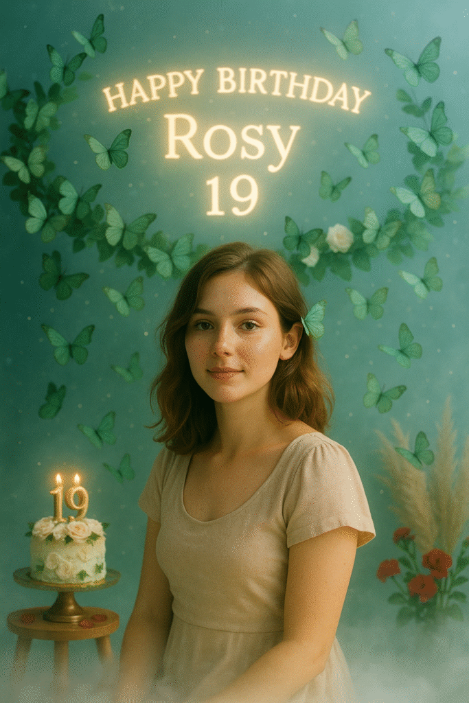 Rosy celebrating her 19th birthday in a whimsical pastel setup surrounded by floating green butterflies, soft mist, and gentle sparkles, with a glowing ‘Happy Birthday Rosy 19’ text above and a floral cake beside her under smooth, fairytale-like lighting.