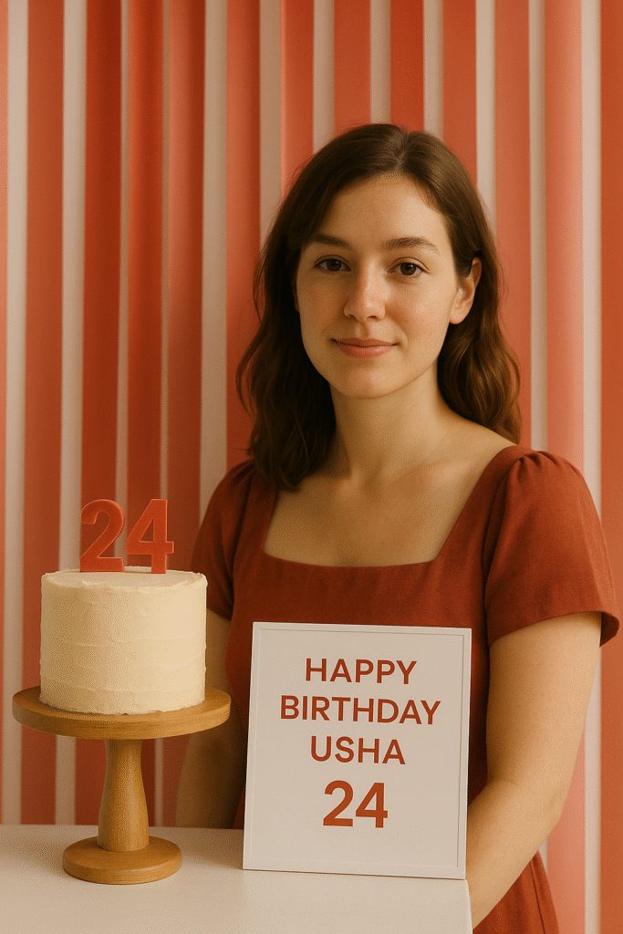 Usha celebrating her 24th birthday in a minimalist red ribbon backdrop, wearing a warm-toned dress with a buttercream cake and wooden stand beside her, and a white board reading ‘Happy Birthday Usha 24’ under soft natural studio light.