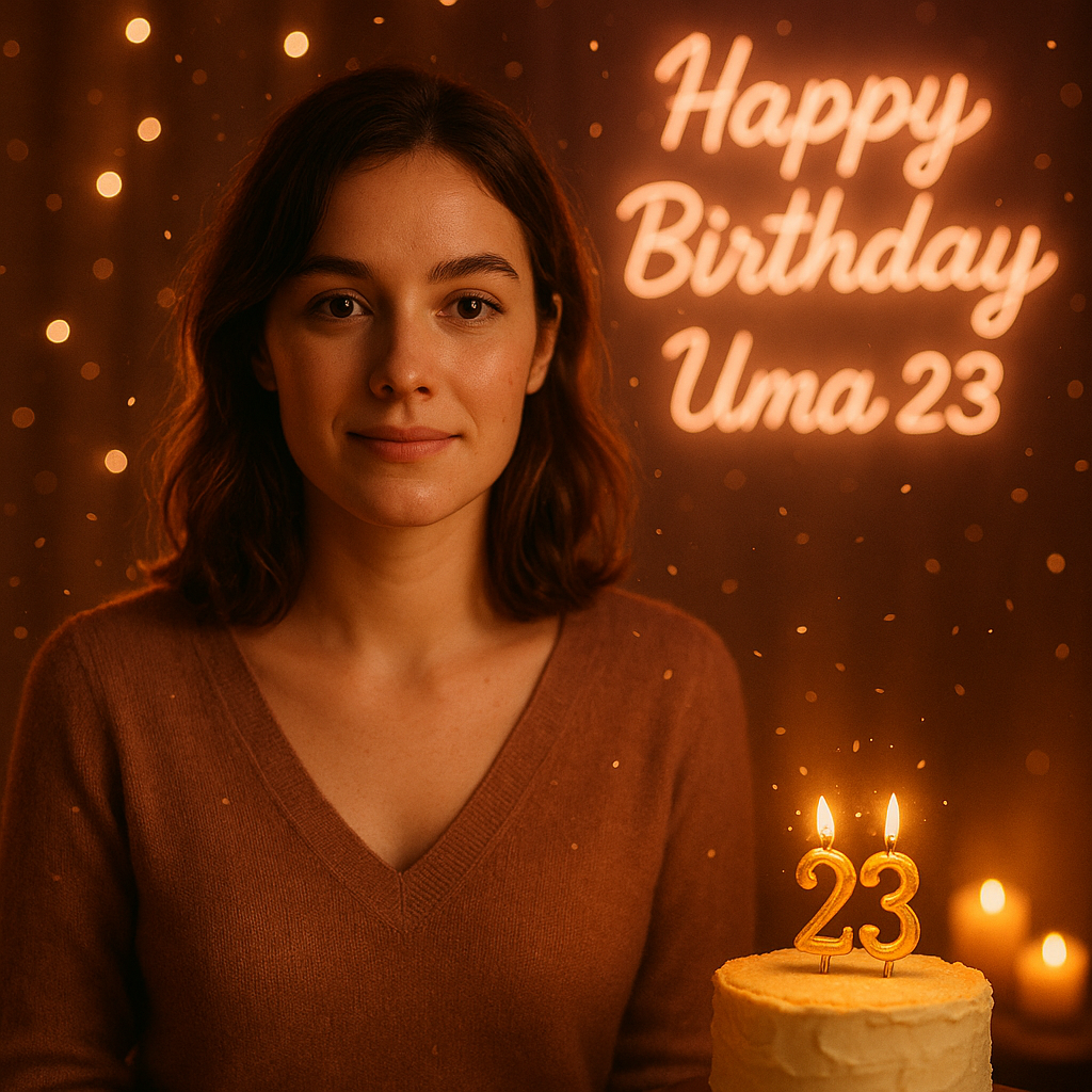 Uma celebrating her 23rd birthday in a warm, evening-lit setting surrounded by glowing fairy lights, soft pink bokeh, and blurred candles, with a cozy golden cake displaying the number 23 and a softly glowing ‘Happy Birthday Uma 23’ neon sign in the background.