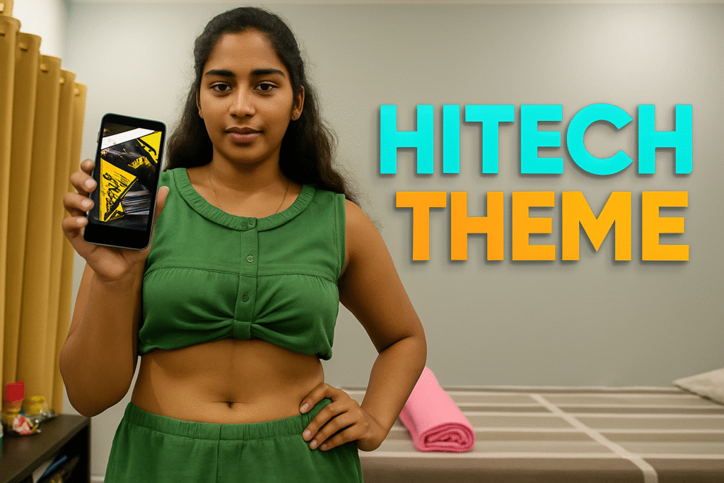 Young Indian woman holding a smartphone showing a hi-tech launcher theme, standing in a bedroom with bold 3D “HITECH THEME” text on the wall, 1200×628 sharp DSLR-style image.