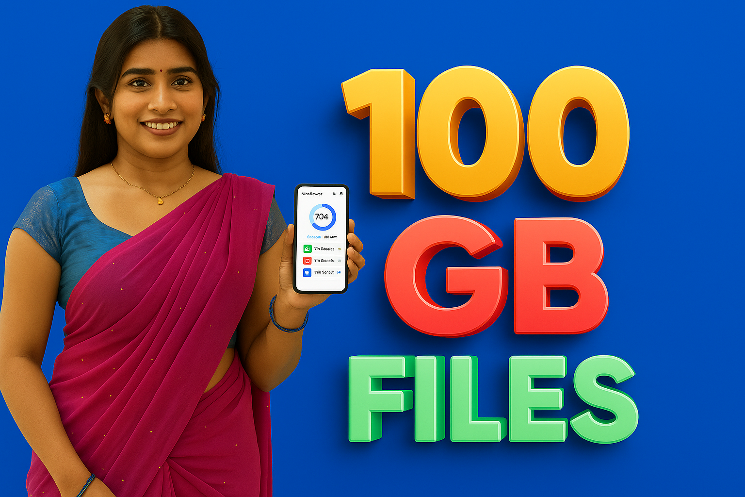 A smiling Indian woman in a pink saree holds a smartphone displaying a 100 GB cloud storage dashboard, with bright 3D text reading “100 GB FILES” on a blue gradient background, symbolizing free cloud storage and backup features.
