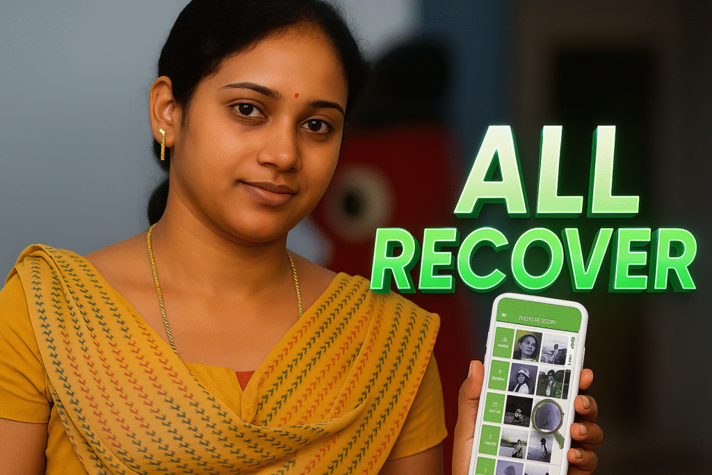 Indian woman holding mobile phone showing deleted photo recovery app with bold ALL RECOVER text, 1200×628 WordPress featured image