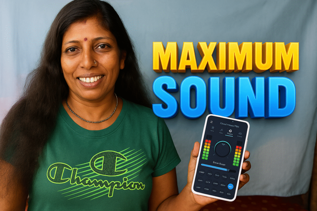 A South Asian woman with long dark hair smiles warmly while holding a smartphone showing a volume-boosting app interface with colorful equalizer bars. She wears a green T-shirt and stands against a soft blue fabric background. Bold 3D text reading “MAXIMUM SOUND” appears beside her in yellow and blue, representing powerful audio boosting.