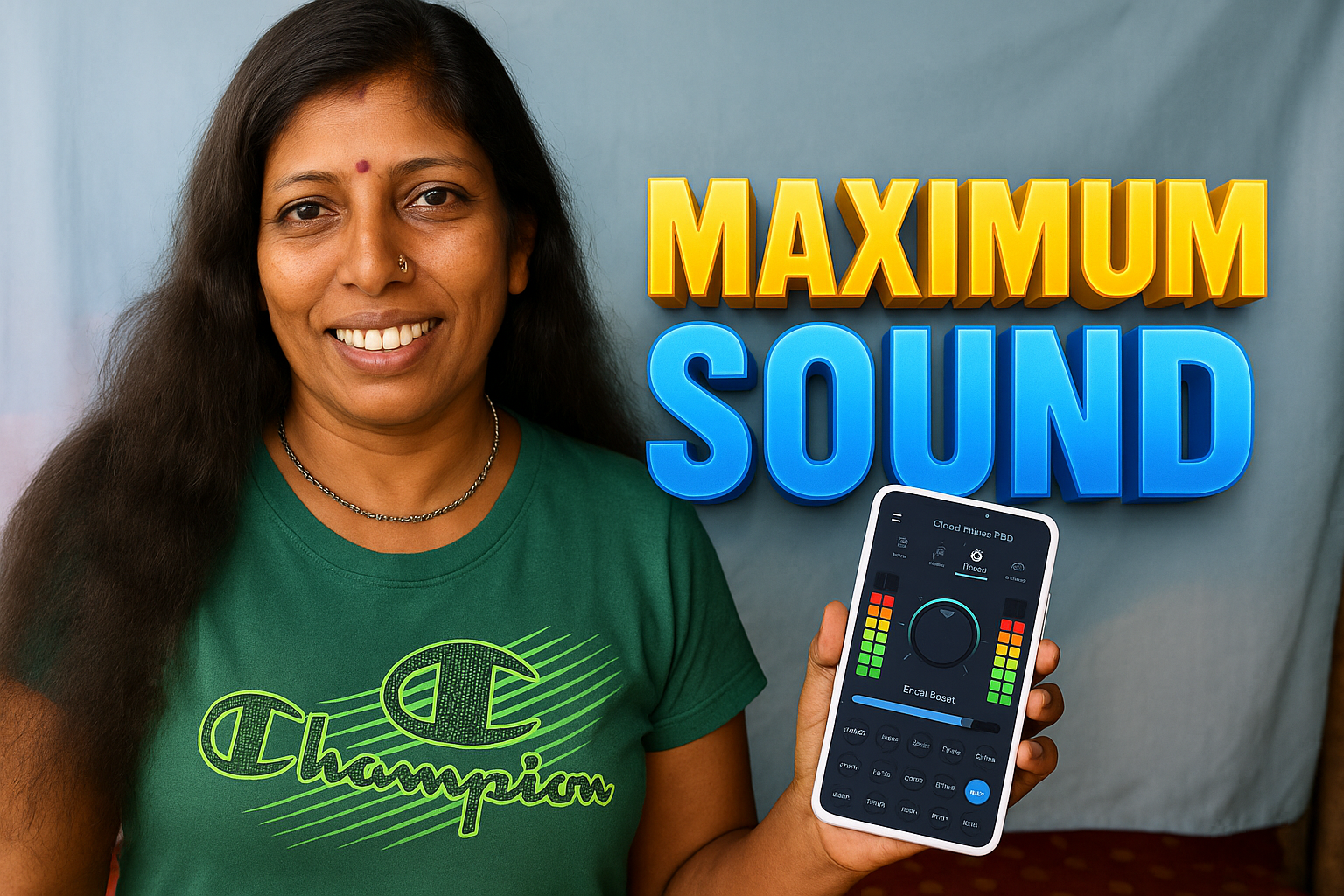 A South Asian woman with long dark hair smiles warmly while holding a smartphone showing a volume-boosting app interface with colorful equalizer bars. She wears a green T-shirt and stands against a soft blue fabric background. Bold 3D text reading “MAXIMUM SOUND” appears beside her in yellow and blue, representing powerful audio boosting.