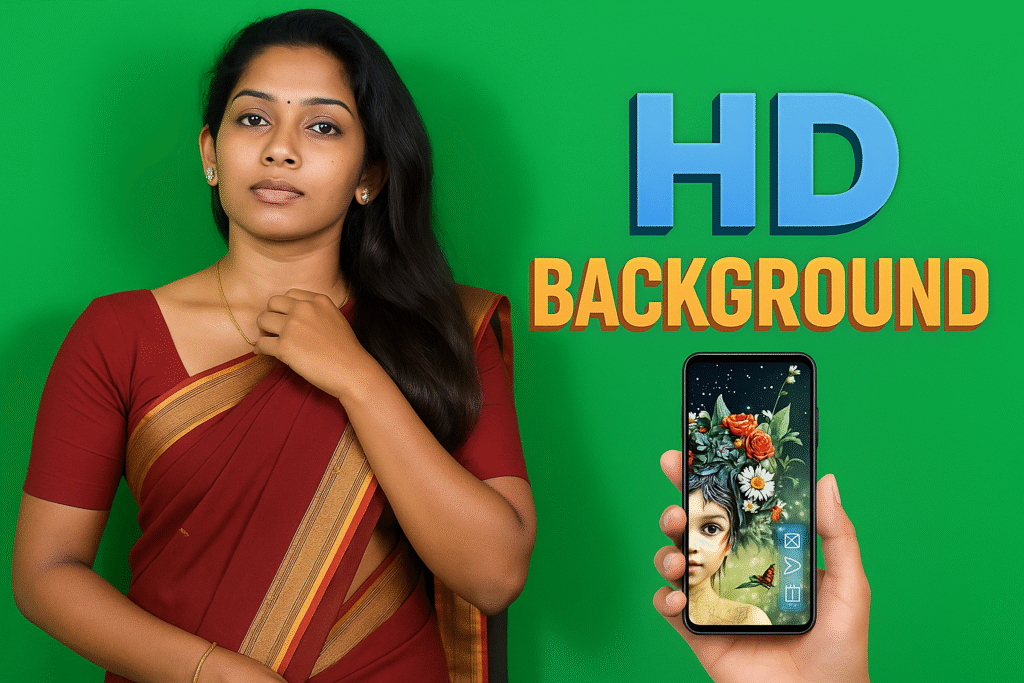 Indian woman in a maroon saree holding a smartphone displaying a floral digital artwork, with bold 3D HD BACKGROUND text on a green backdrop.